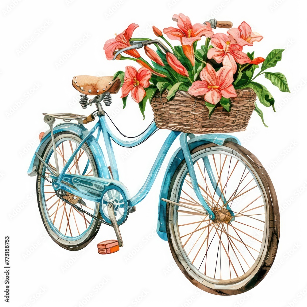 Clipart of a bicycle with a flower basket watercolor symbol of sunny day explorations