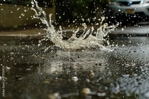 A car is seen driving down a street as water splashes up around it, capturing the dynamic movement and energy of the moment
