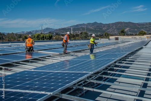 Men standing on a roof during the installation of solar panels on a sunny day