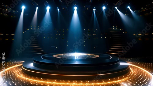 Glowing golden blue podium platform with bright shining projector lights and theatre stairs on background. Night show concept