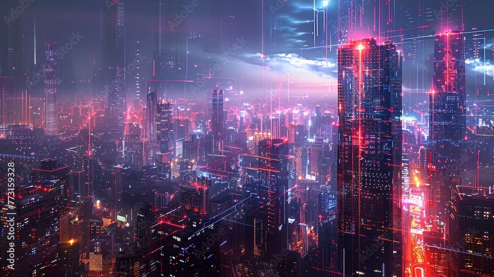 Fototapeta premium A digital cityscape with skyscrapers from around the globe