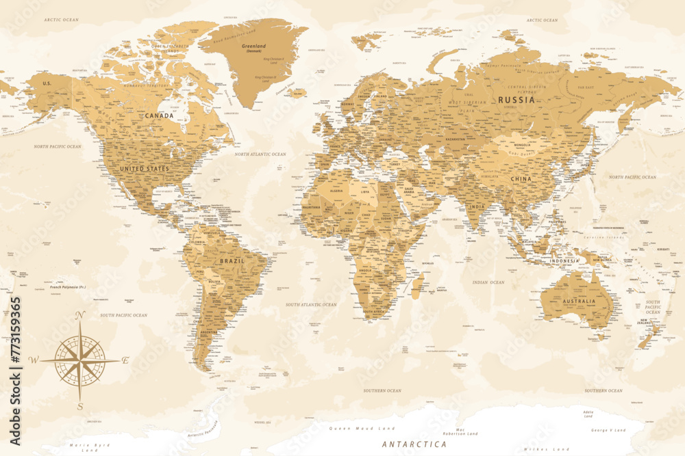 World Map - Highly Detailed Vector Map of the World. Ideally for the Print Posters. Golden Spot Beige Retro Style. With Relief and Depth