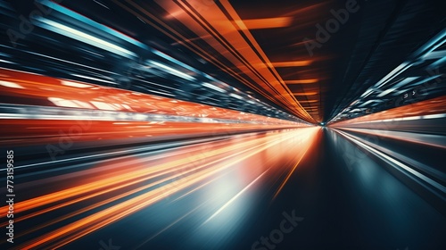Night speedy motion blur international race track. Fast speed light line background.