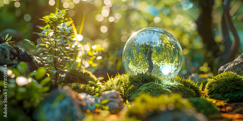 Crystal sphere symbolizing the planet earth on a green forest bed, concept of environment and sustainability Crystal sphere symbolizing the planet earth on a green forest bed, concept of environment and sustainability