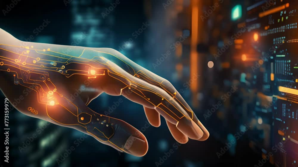 A humanoid hand with glowing shining digital circuit patterns nodes ...