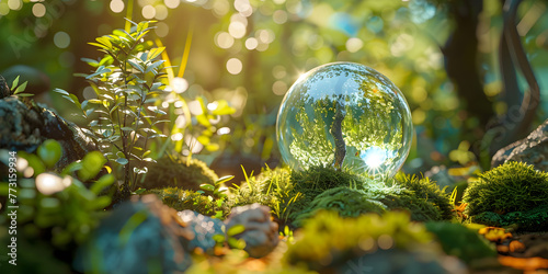 Crystal sphere symbolizing the planet earth on a green forest bed  concept of environment and sustainability