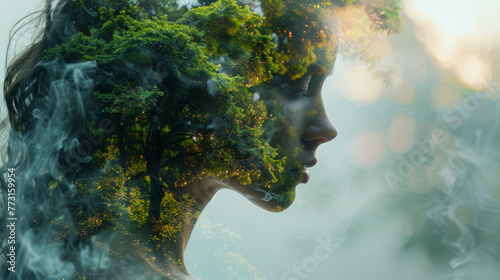 Generative ai illustration of a Double exposure woman and green tree