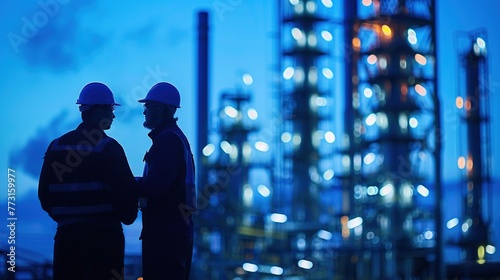 A discussion of two intelligent engineers together at an industrial refinery in the central area of an industrial plant.