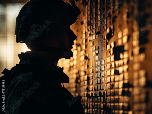 A soldier stands in front of a wall of bricks. The wall is illuminated by the sun, casting a shadow on the soldier