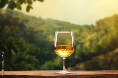 A glass of golden wine set against a lush forest background, reflecting the warmth of the sun. Sunlit Wine Glass Amidst Verdant Forest