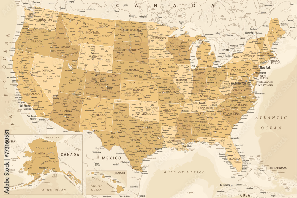 United States - Highly Detailed Vector Map of the USA. Ideally for the Print Posters. Golden Spot Beige Retro Style - obrazy, fototapety, plakaty 