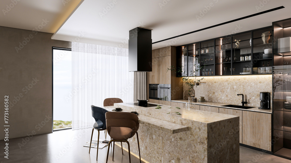 3d rendering modern kitchen advanced model full scene with dining table ...