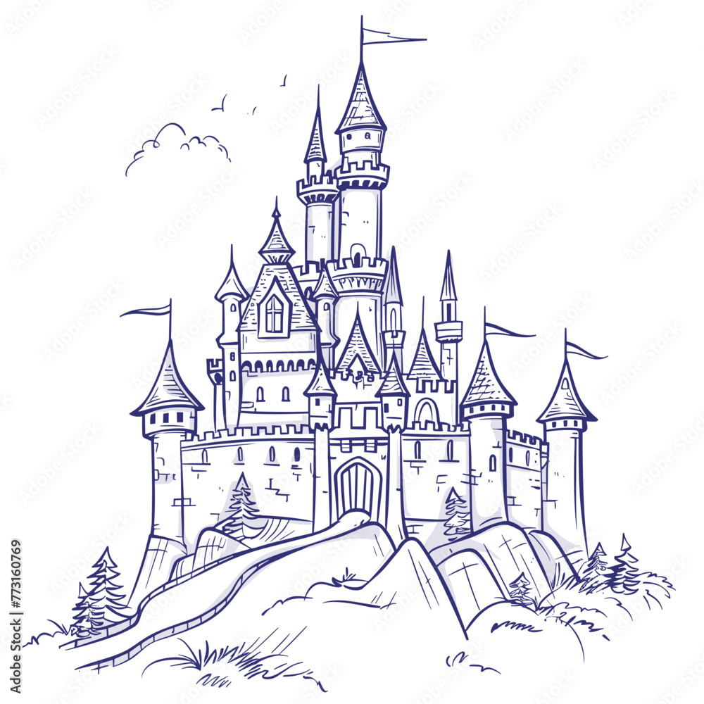 vector fairytale castle with lines on a white background .Generative AI