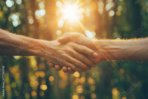 Warm Handshake in Sunlit Forest, Friendship Concept