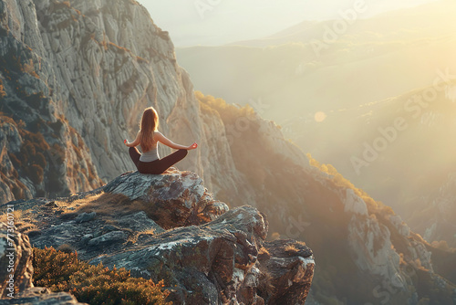 A woman in a lotus yoga pose among the beautiful mountains at sunset © Pavel Iarunichev