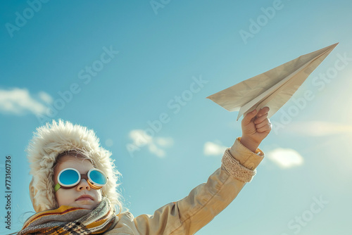 A boy in winter clothes and a fur hat and wearing pilot glasses launching a paper airplane © Pavel Iarunichev