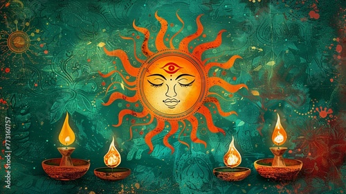 Ethereal Sun Face Mural With Flaming Diyas On A Textured Teal Background. Sinhalese New Year Spiritual Celebrations and Greeting Cards. Digital illustration. AI Generated
