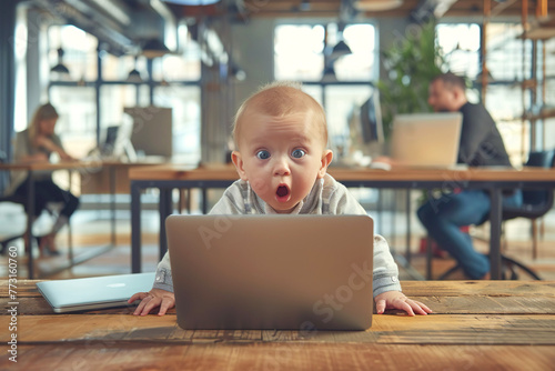 Frightened child in front of a laptop. Ffake news concept © Pavel Iarunichev