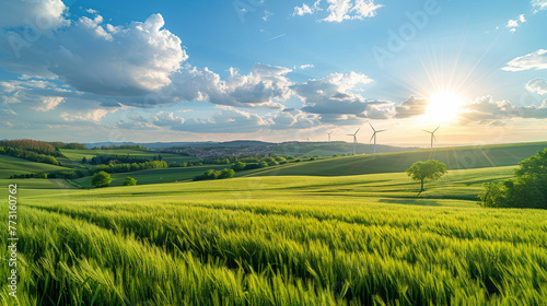 Green field eco landscape with Wind turbins. Renewable energy technology.