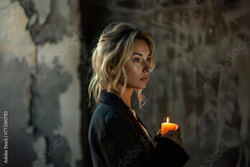 Beautiful blonde business woman in a suit thinking in a dark room with a burning candle © Pavel Iarunichev