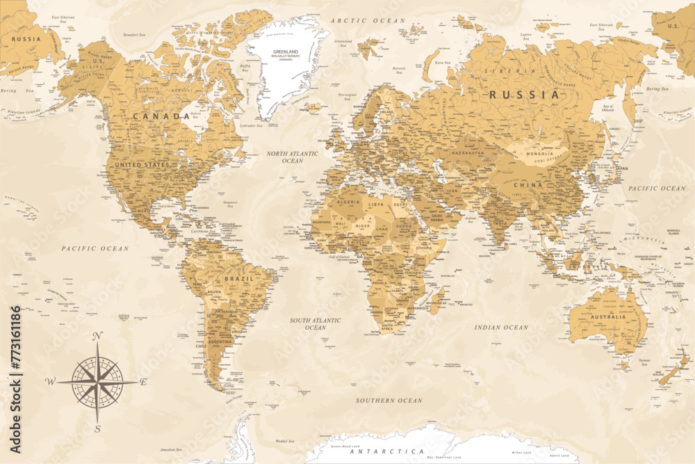 World Map - Highly Detailed Vector Map of the World. Ideally for the Print Posters. Golden Spot Beige Retro Style. With Relief and Depth - obrazy, fototapety, plakaty 