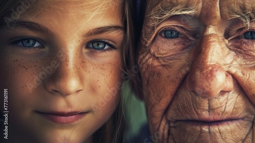 Portrait of a senior woman with her granddaughter at home. Close-up