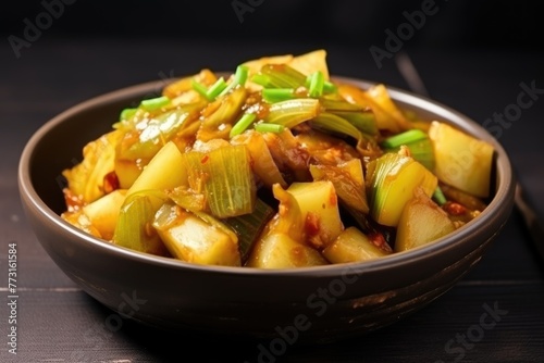 Close-up view of chayote stir fry with spring onions. Close-up of Hearty Chayote Stir Fry