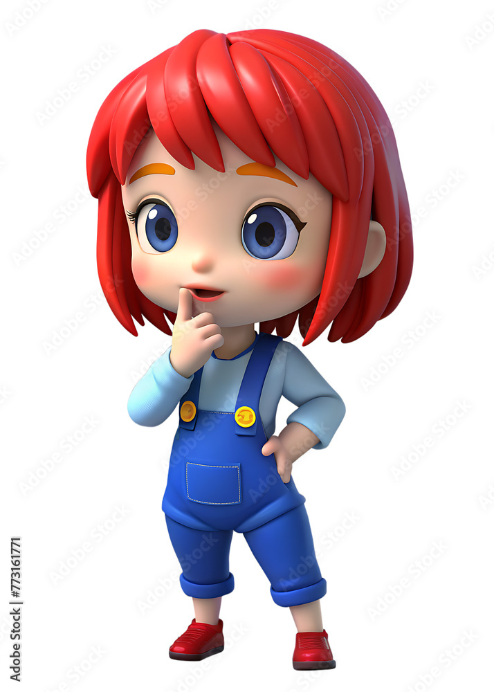 kawaii, red-haired, Asian, K-Pop, girl, fashionable, blue overalls, t-shirt, dancing pose, chin resting, hand, hip. 