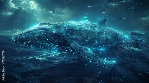A vast ocean where bioluminescent tech creatures communicate through binary songs