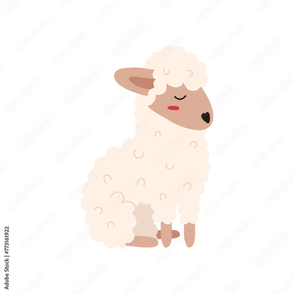 Cute hand drawn sheep sitting, cartoon flat vector illustration isolated on white background. Childish animal drawing.