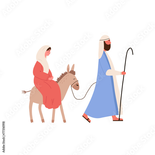 Pregnant Mary on donkey with Joseph walking, cartoon flat vector illustration isolated on white background. Nativity scene, born of Jesus Christ. Concepts of religion, christianity and Christmas.