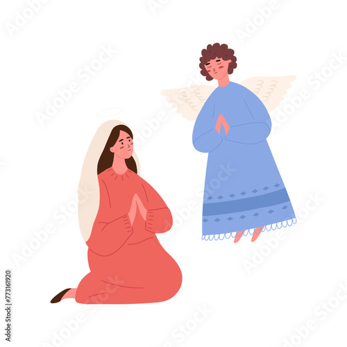 Mary with angel, nativity scene, cartoon flat vector illustration isolated on white background. Concepts of christianity, Christmas and religion.