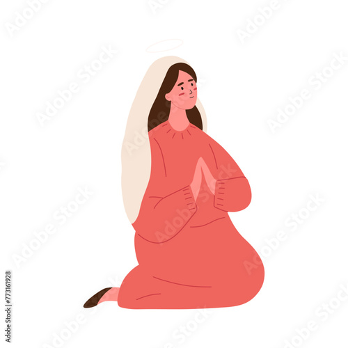 Saint Mary praying, cartoon flat vector illustration isolated on white background. Concepts of Christmas, christianity and nativity. Character drawing.