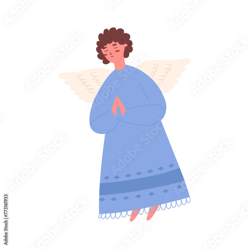 Cute angel flying and praying, cartoon flat vector illustration isolated on white background. Concepts of Christmas, christianity and nativity. Character drawing.