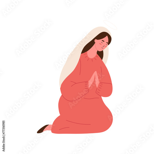 Saint Mary kneeling and praying, cartoon flat vector illustration isolated on white background. Concepts of Christmas, christianity and nativity. Character drawing.