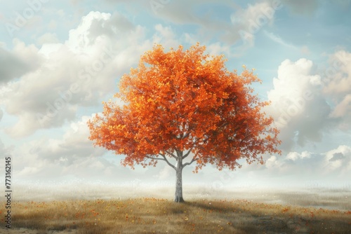 Vibrant Autumn Tree in Serene Meadow, Seasonal Landscape