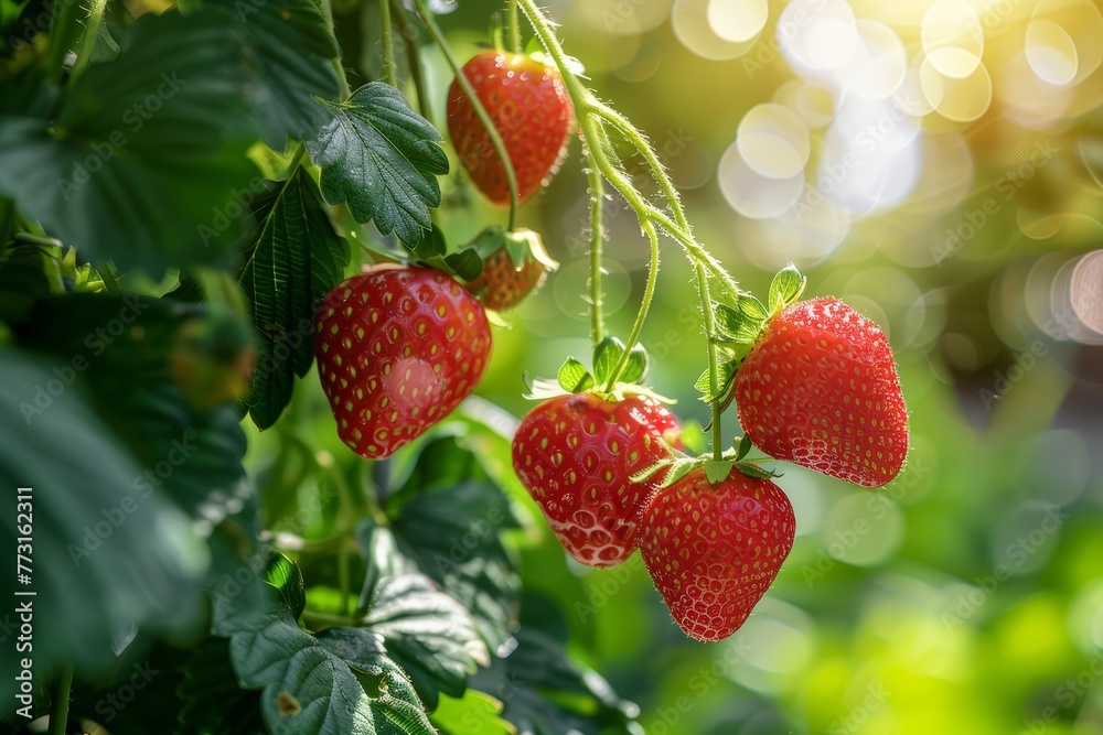 A tight shot of three ripe strawberries nestled among green leaves on a plant Sunlight filters through the foliage, casting dappled light upon the fruit A tight shot of three ripe strawberries nestled among green leaves on a plant Sunlight filters through the foliage, casting dappled light upon the fruit