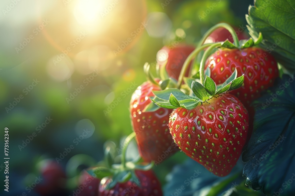   A tight shot of strawberries growing on a plant, with sunrays filtering through the foliage behind - obrazy, fototapety, plakaty 