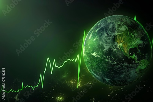  Earth depicted in green hues, featuring a longitudinal green line, and emitting a radiant green beam from its core photo