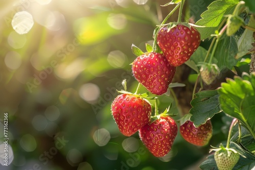   A tight shot of strawberries growing on a tree  sunlight filtering through the leaves on a sunny day