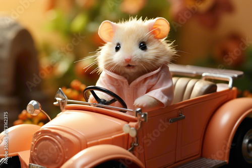 A peach-colored hamster in a peach-colored convertible, cruising on a peach background.