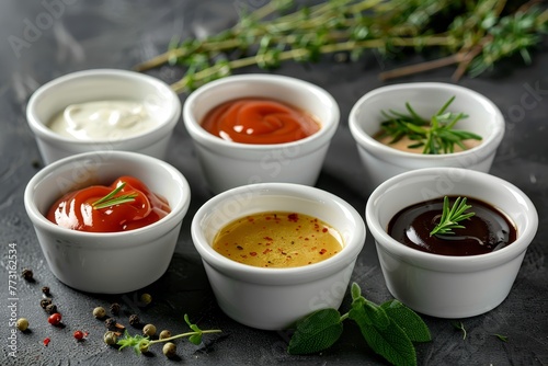  A group of small cups, each filled with sauce, garnished with herbs on a black surface