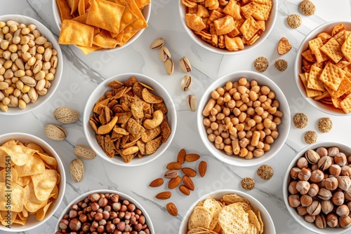  nuts varying in type, and crackers; companions to snack bowls teeming with diverse offerings