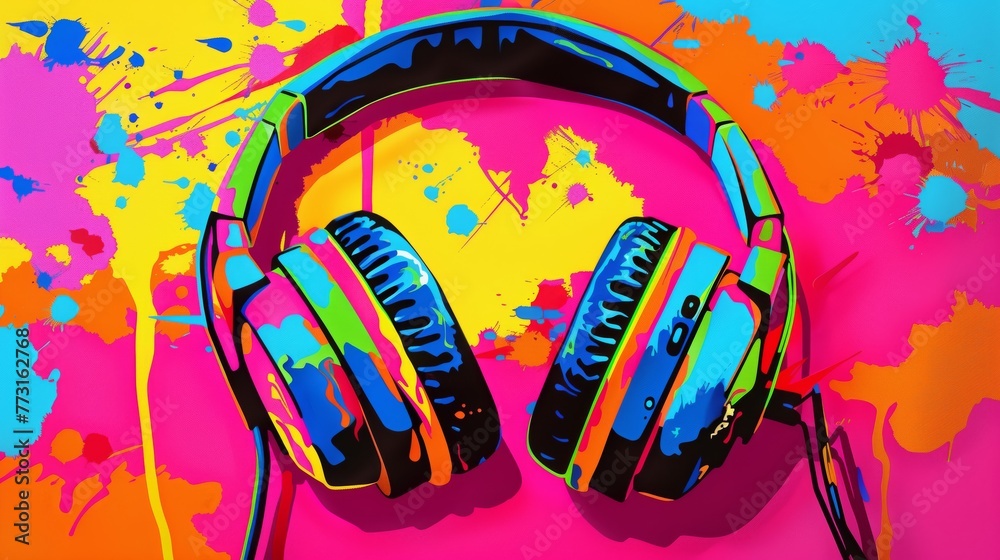 Fototapeta premium Headphone in pop art style in colored background