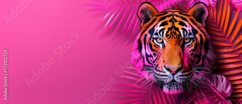   A tight shot of a tiger's face against a pink backdrop, adorned with palm leaves and bathed in bright pink hues photo
