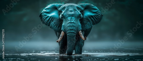  An elephant stands in water with its trunk both above and below the surface