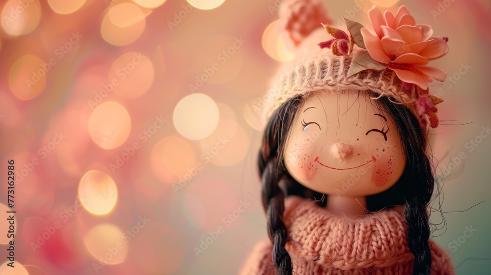Fototapeta premium Smiling doll in pink lightning background