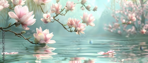  A painting of pink flowers bobbing on a serene water surface, with a tree branch gracefully extending from the heart of it