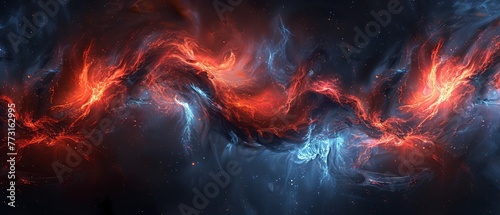   A red and blue swirls composite on a black backdrop with an empty central expanse photo