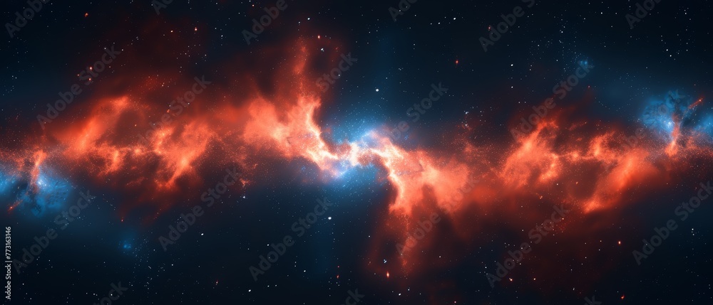   a red and blue expanse teeming with stars and a constellation of intermingled blue and red clouds